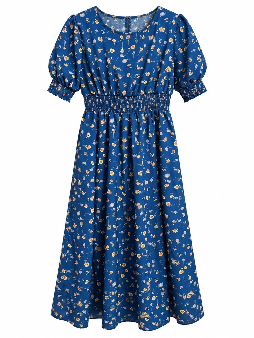 Blue Floral Smocked Waist Midi Dress XL Puff Sleeve Cottagecore Boho